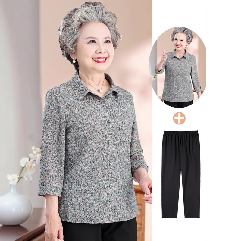 Grandma's Summer Shirt Women's 60-year-old 70-year-old Women's Seven-point Sleeve Shirt 80 Mother's Mid-sleeve Top Set