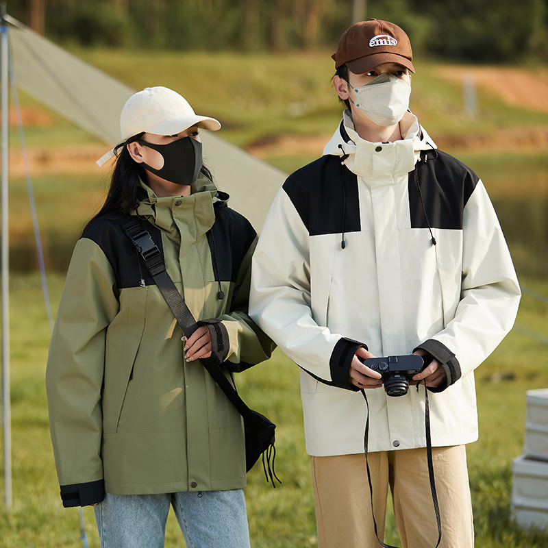 New outdoor jacket couple multi-color couple color matching detachable hat waterproof windproof mountaineering clothing printable LOGO