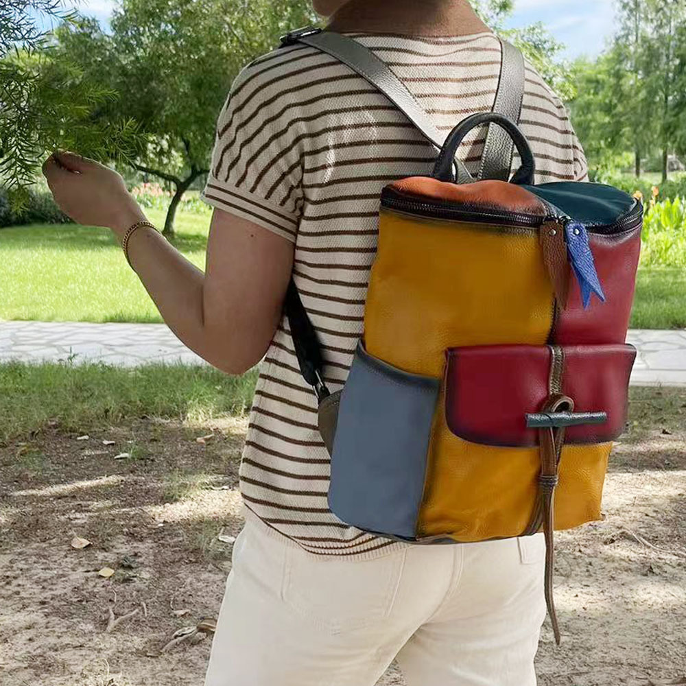 Women's Backpack, Hand Painted Cowhide Bucket Shoulder Bag_voghion.com