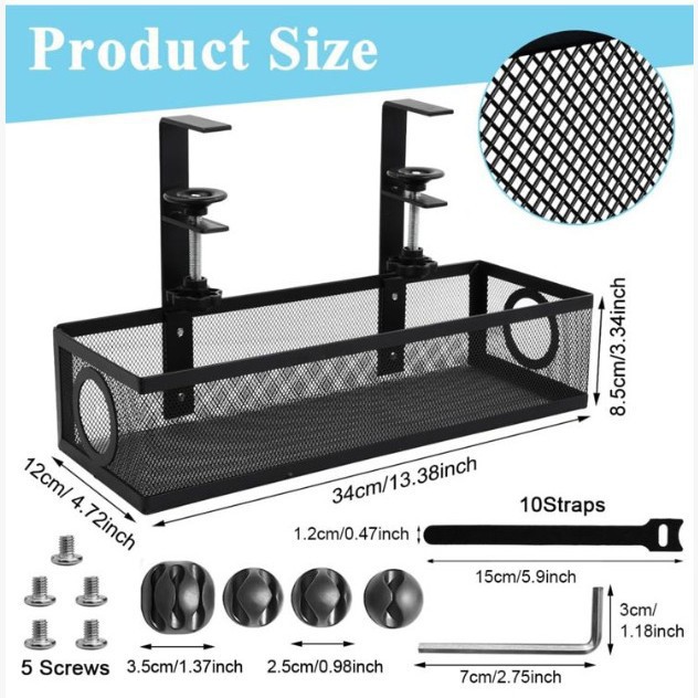 Cesta de almacenamiento negra + organizador de cables TPR, tres orificios 1 + dos orificios 2 + orificio único 1 + correas de velcro 10