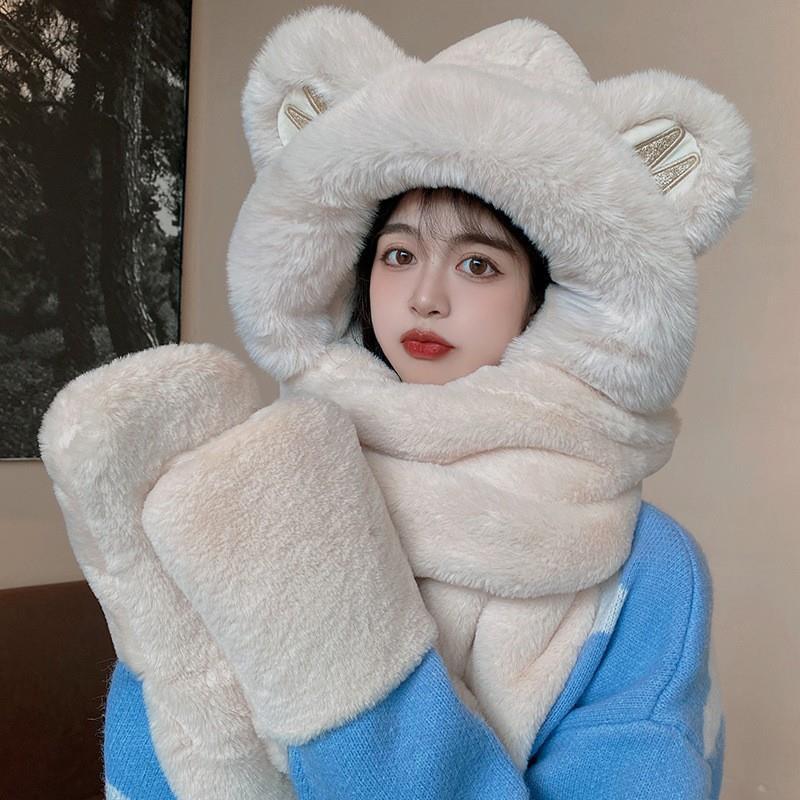 Conjunto de gorro, bufanda y guantes con diseño de oso, todo en uno, para calidez y protección de las orejas, conjunto de tres piezas para mujer, versátil para otoño e invierno, gorro de felpa de una pieza. image 11