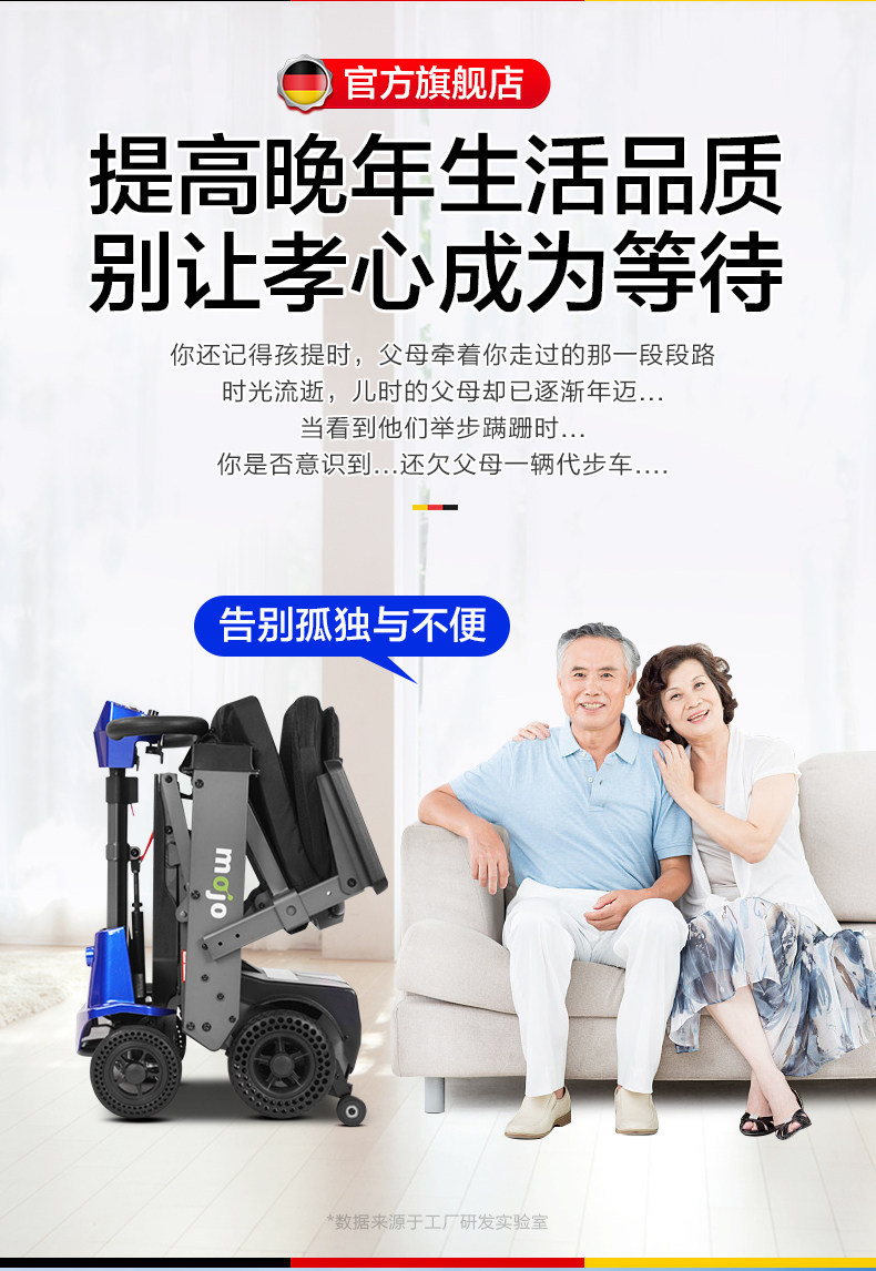 Cross-border export of high-end, new-model electric mobility scooters for seniors, featuring smart folding and four-wheel drive, suitable for travel and equipped with a battery