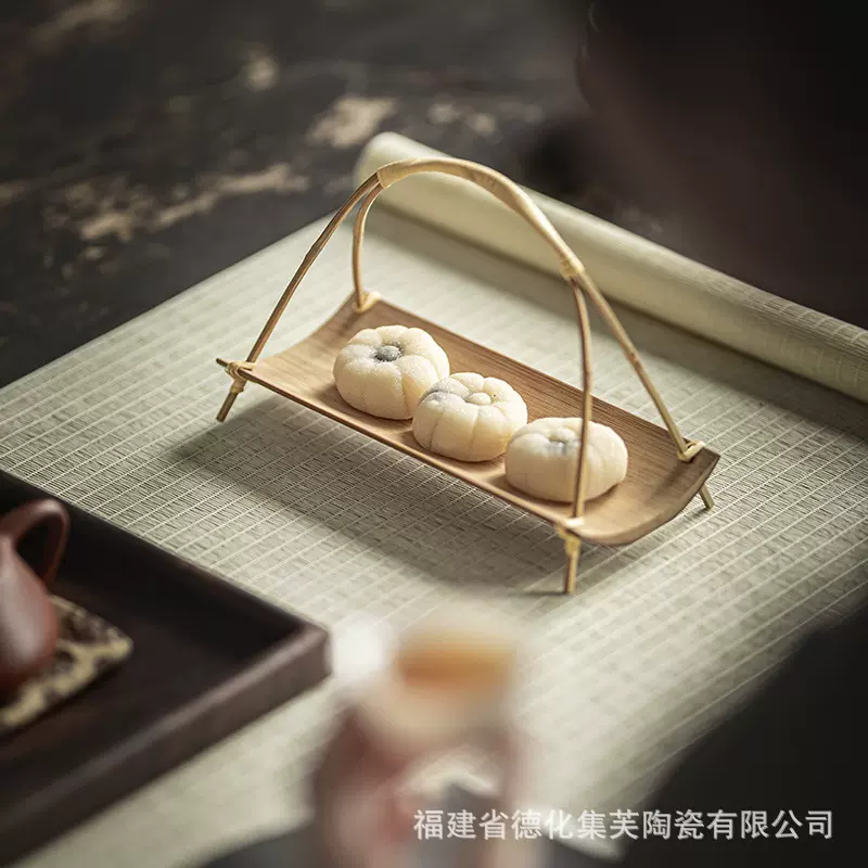 陶土围炉煮茶水果零食碟子套装竹制小提篮零食糕点盘复古茶点盘