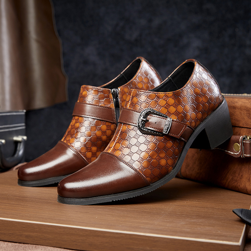 Cross-Border Large Size Retro Buckle High Heels Men's Foreign Trade Spring and Autumn New Casual Shoes Fashionable Imitation Snake Pattern Cuban Leather Shoes for Men