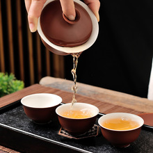 潮汕朱泥陶瓷三才碗茶具套装家用盖碗茶杯茶铺试茶紫砂功夫茶具