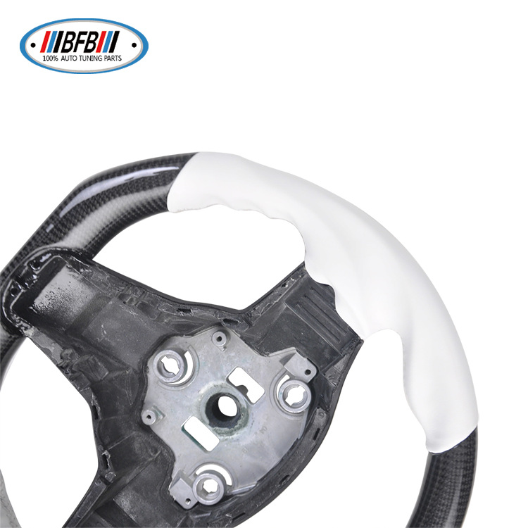 100% Real Carbon Fiber Black Steering Wheel with White Stitching and No Holes - For Tesla Model 3 Y - Modification