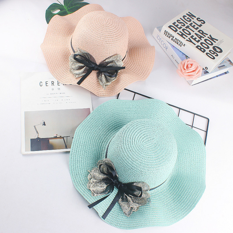 Primavera y verano malla arco sombrero para el sol con volantes sombrero para el sol moda damas playa sombrero al aire libre sombrero al por mayor