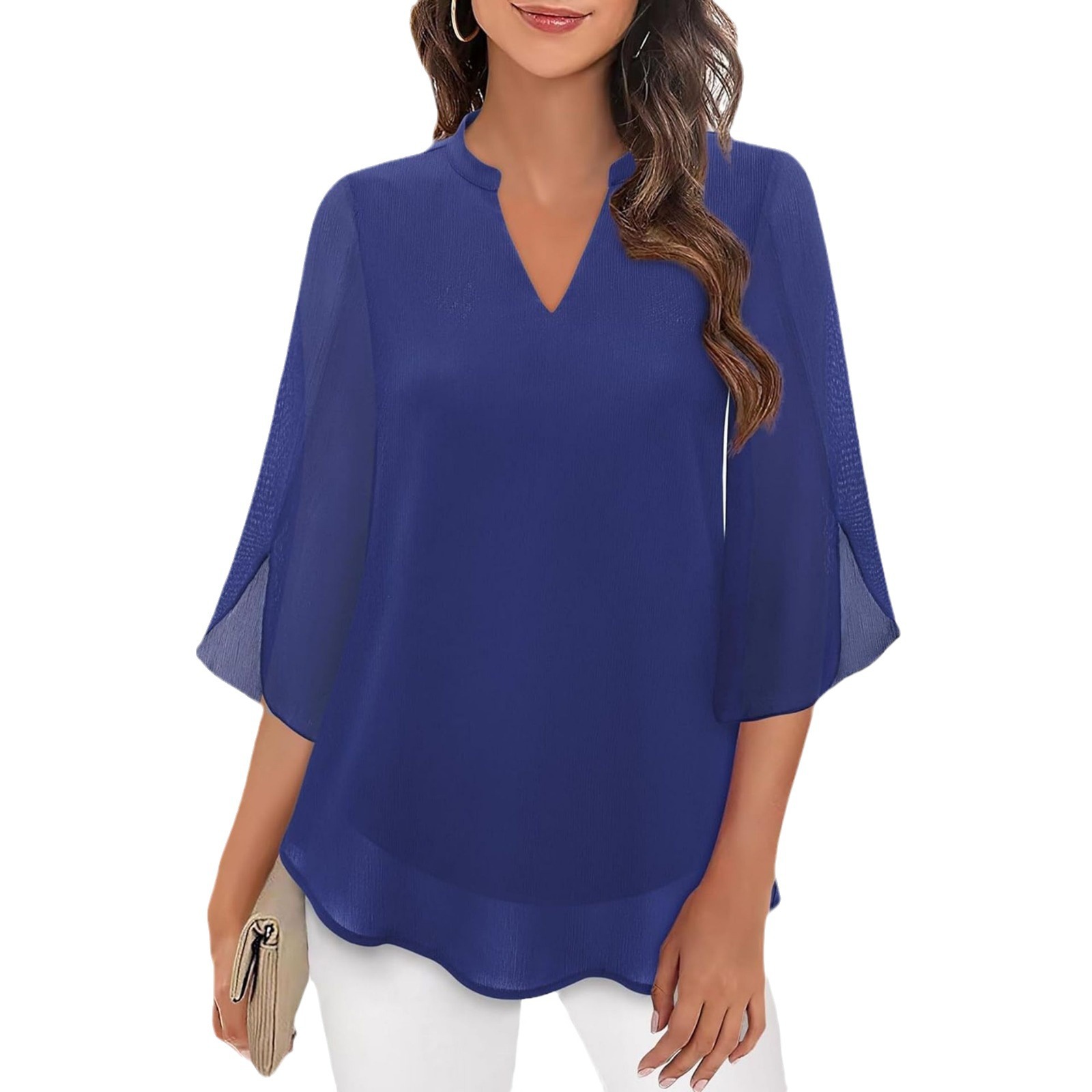 2026 Cross-Border Casual Summer New European And American Women's Petal Sleeve Loose V-Neck Chiffon Blouse_voghion.com