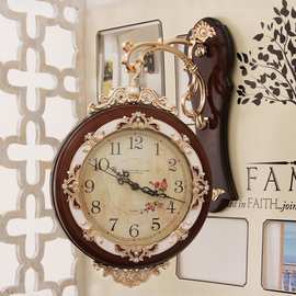欧式复古双面挂钟客厅静音钟表创意装饰墙钟卧室时尚摇摆钟