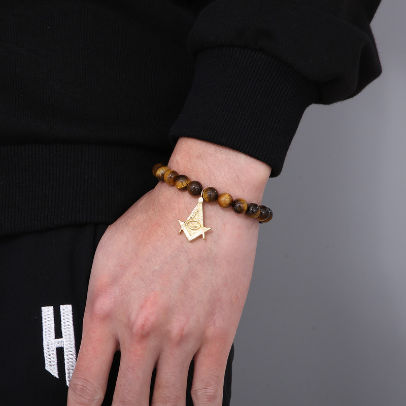 304 Stainless Steel, natural stone, Agate Material Casual Punk Cross Crown Natural Stone Agate 18K Gold Plated Vacuum Plating Men's Bracelets Men Beaded Bracelets
