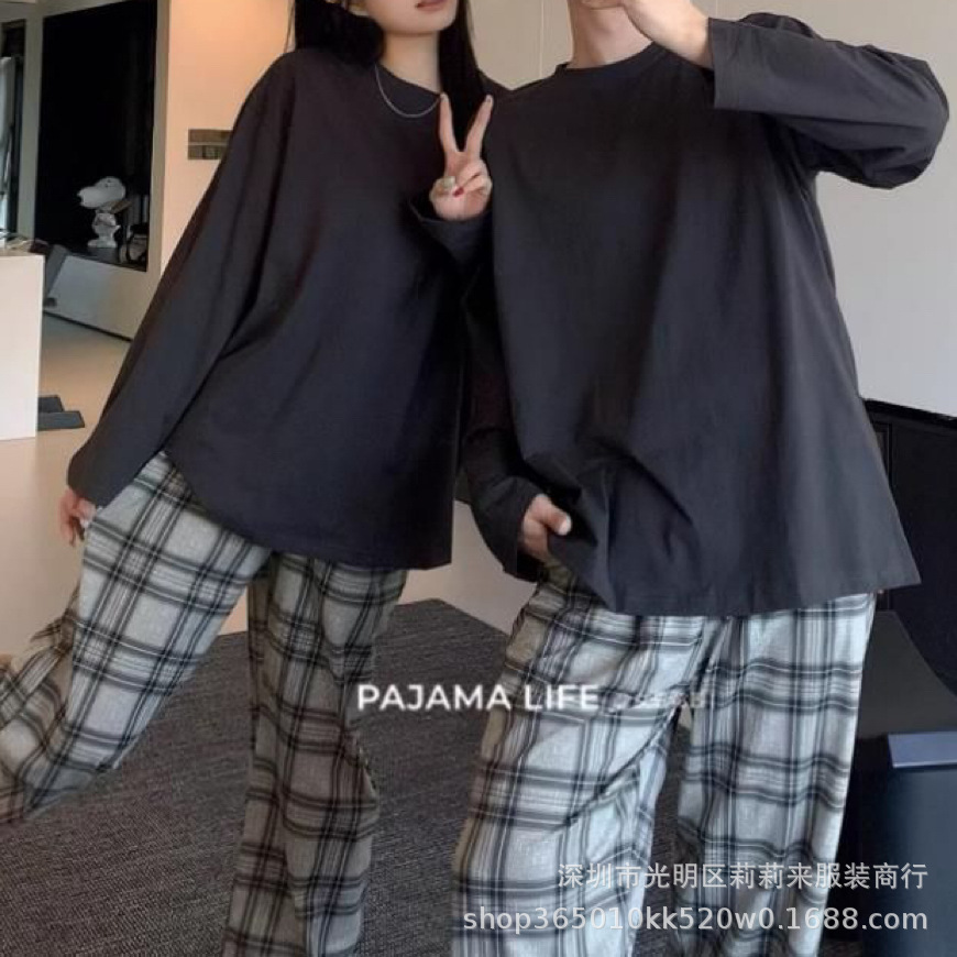 더블 롱 - 다크 그레이 상의 & 그레이 체크 팬츠 (여성용)