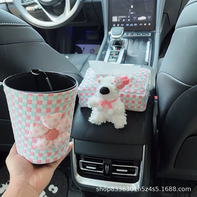 Car tissue box/set, armrest, cute cartoon design for - pink-scarf-hat-west-highland-pink-and-blue-bubble-pattern-tissue-box-armrest-box-pink-floral-bubble-pattern-trash-can-clip-on-style