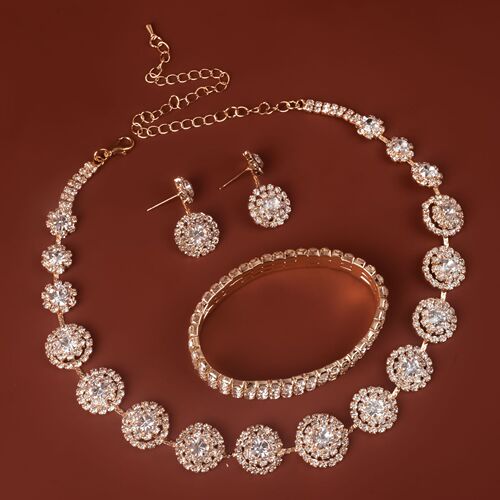 New European and American-style exaggerated rhinestone three-piece necklace set—women's versatile elastic cord bracelet, perfect for wedding attire and livestreaming factories.