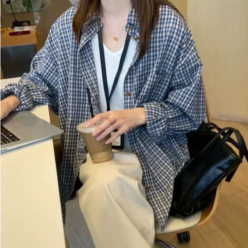 复古蓝色格子衬衫男女款秋季2025慵懒风宽松休闲cleanfit衬衣外套
