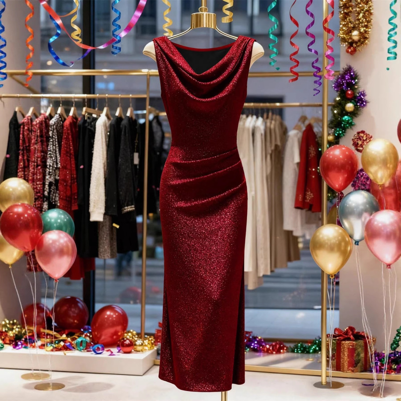 Shiny Silk Draped Collar Dress, Slim Fit, Hip-Hugging, Slit Evening Gown, Annual Party Dinner Toast Dress, Petite Toast Dress
