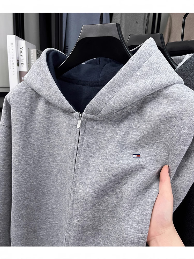 Tommy Autumn and Winter New Hooded Sweatshirt Jacket Men's Pure Color Simple Zipper Youth Versatile Jacket Jacket Men