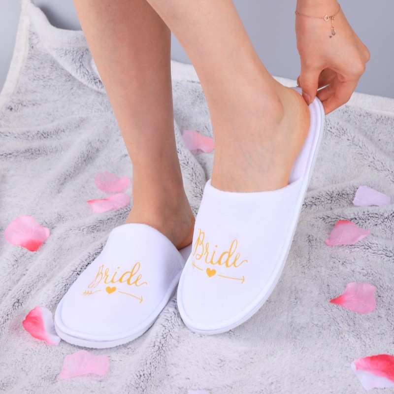 Nuevo viaje casero boda novia zapatillas de lana de coral desechables lavable letras inglesas
