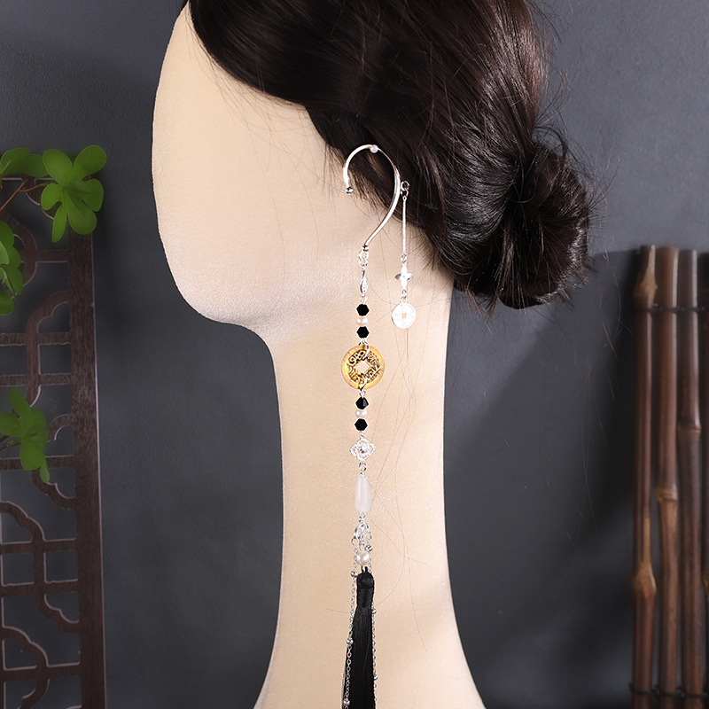 Source factory, ancient-style mountain spirit coin earrings, copper coin earrings, Han Dynasty-inspired tassel earrings, unisex accessories