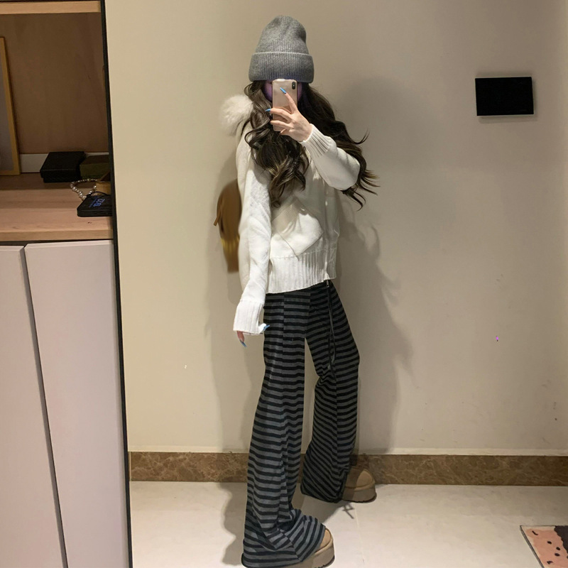韩系条纹微喇裤女早秋2025新款慵懒风遛弯裤修身阔腿垂感休闲裤子|undefined