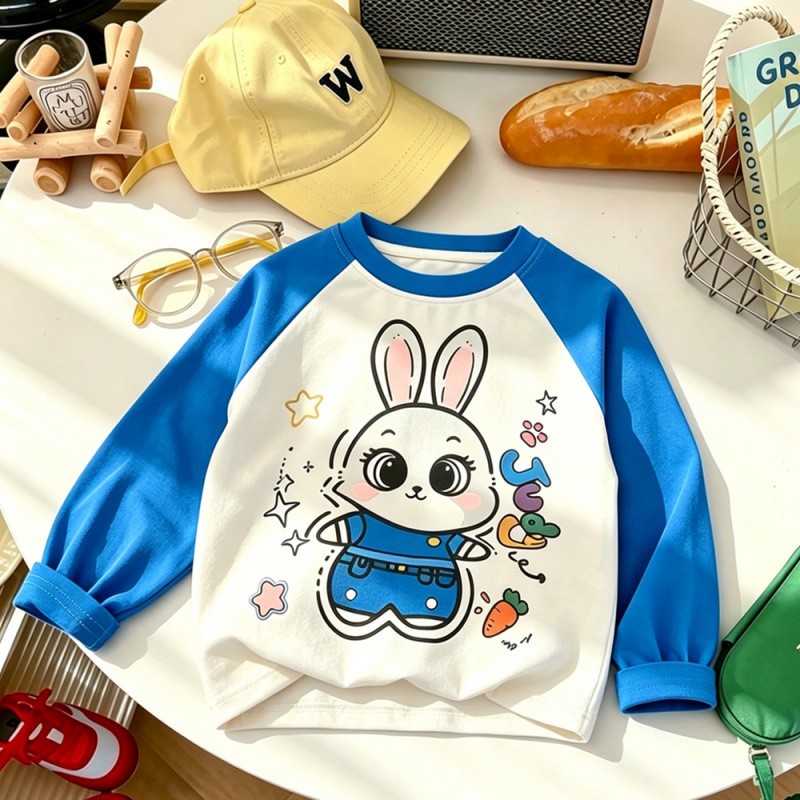 Blue and white cartoon rabbit print children's long-sleeved T-shirt, autumn Korean style, cute and versatile round neck top