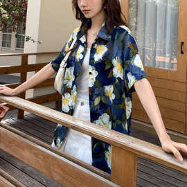 泰式复古夏威夷花衬衫女港风花卉满印碎花短袖衬衣休闲度假风上衣
