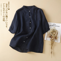 実際に刺繍した砂洗ラミー麻シャツのブラウス女性の夏の新しいゆるい立襟純亜麻上着