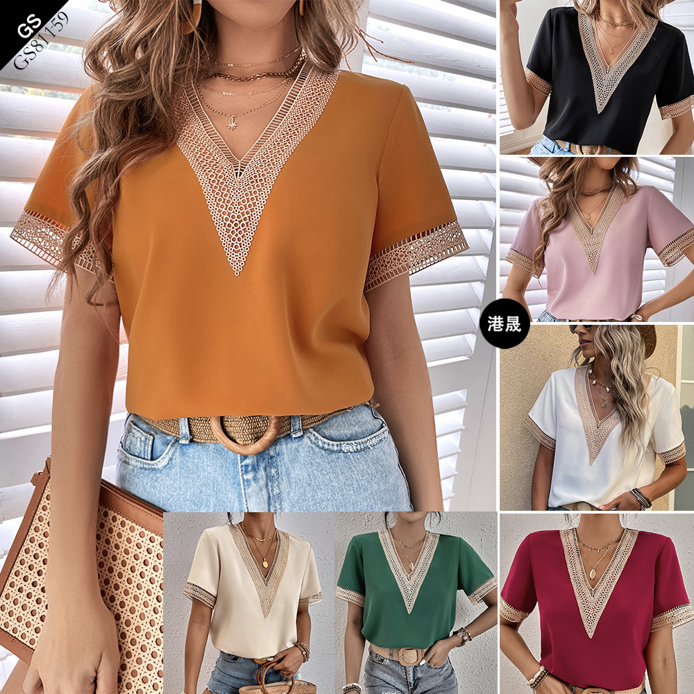 2022外贸跨境亚马逊春夏新款V领花边宽松上衣气质通勤短袖衬衫女