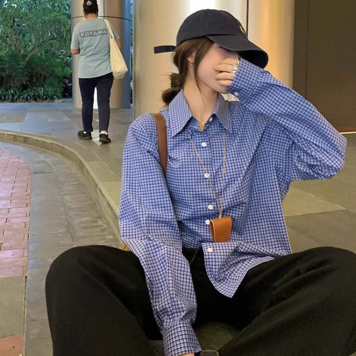 蓝色格子Polo领衬衫春秋季新款宽松开衫防晒长袖百搭显瘦上衣外套|undefined