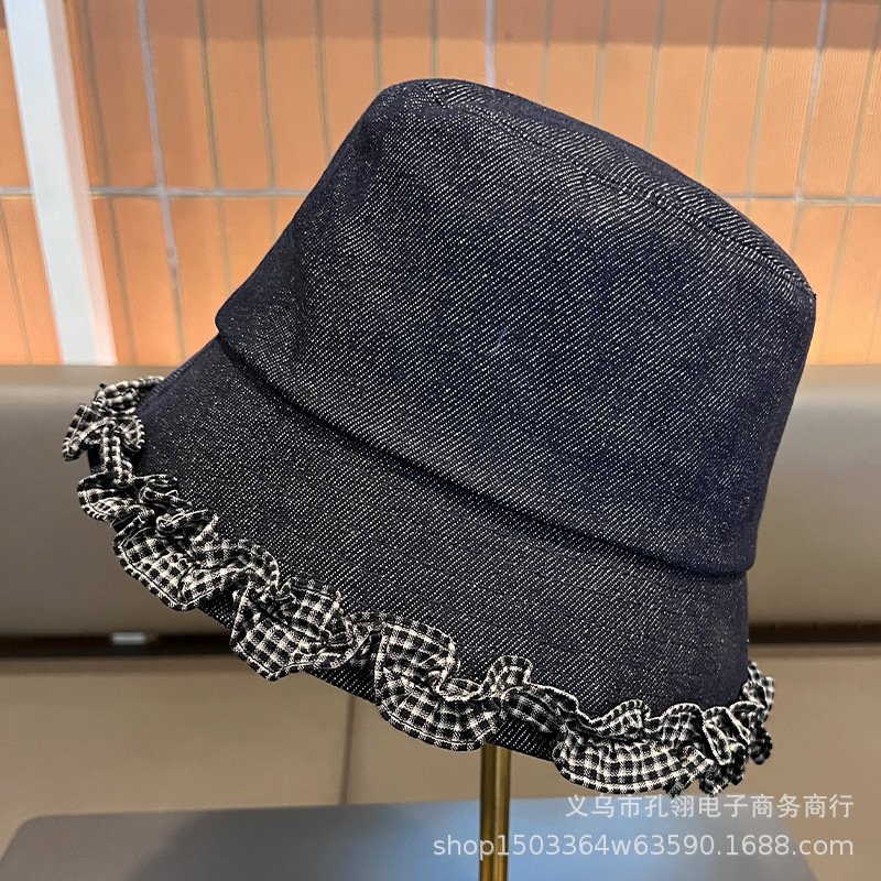2025新款日系文艺复古格子渔夫帽女秋冬季小众设计感牛仔花边盆帽|undefined