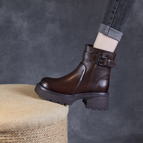 Women's Thick-Heeled Martens with Round Toe Chelsea Boots, Autumn/Winter New Arrival, British Style with Belt Buckle, Genuine Leather Motorcycles Short Boots