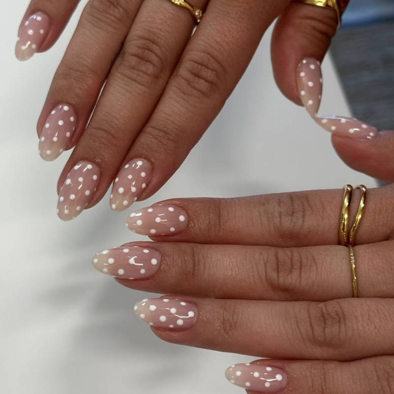 Simple White Polka Dot Manicure Wearable Nails Short Almond Nails Cross-Border Hot Selling Wearable Nails Fake Nails
