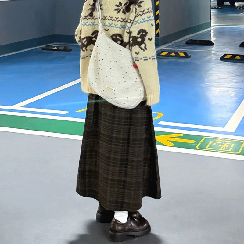 毛呢格子半身裙胖mm遮肚显瘦美拉德棕色半裙秋冬复古中长款a字裙