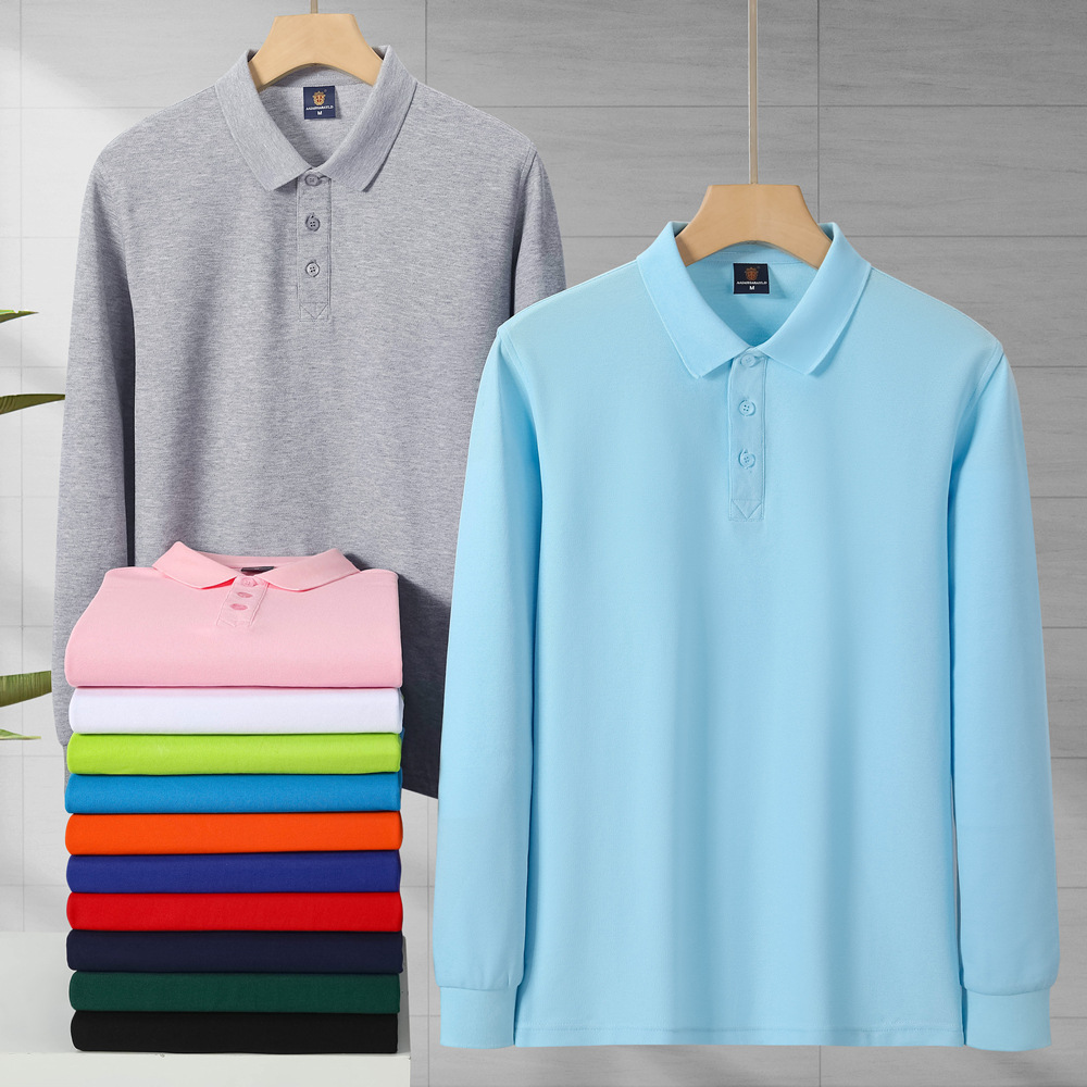 Long-Sleeved Work Clothes Cotton Polo Shirts Custom Logo Work Clothes Manufacturers Wholesale T-Shirts Collared Pure Color T-Shirts with Printing