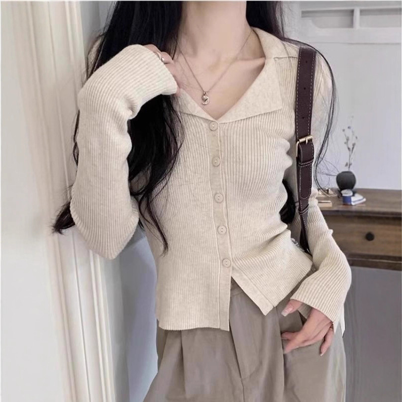 Elegant Slim Fit Polo Collar Knitted Cardigan for Women, Autumn and Winter Unique V-Neck Sweater Base Layer with Long Sleeves