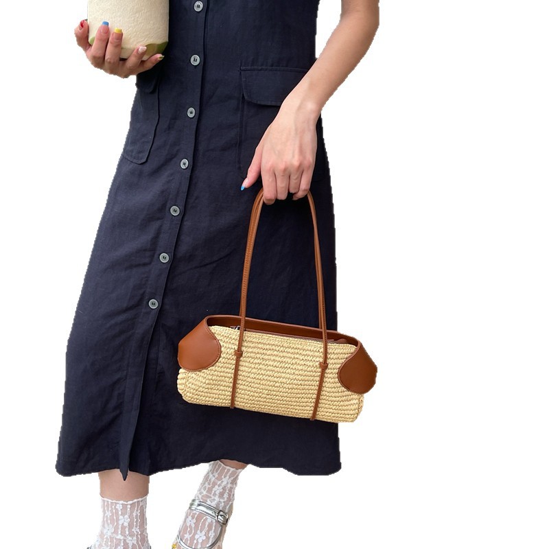 Niche Design Vacation Style Double-Sided Baguette Straw Woven Bag 2026 New Large Capacity Casual Versatile Handbag Shoulder Bag - Thumbnail 5