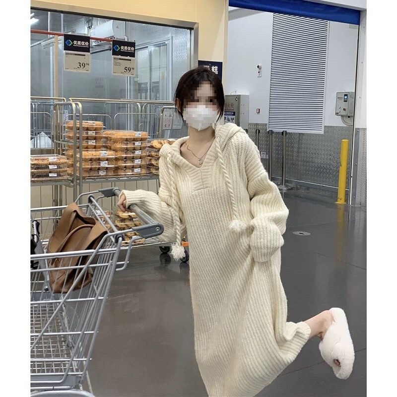 Lazy Style Hooded Long-Sleeved Knitted Dress for Women Autumn and Winter 2025 New Style That Covers the Belly and Shows a Long Length over the Knee Lazy Style Hooded Long-Sleeved Knitted Dress for Women Autumn and Winter 2025 New Style That Covers the Belly and Shows a Long Length over the Knee