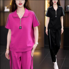 时尚运动服套装女2025夏季新款韩版休闲妈妈装显瘦跑步服两件套潮