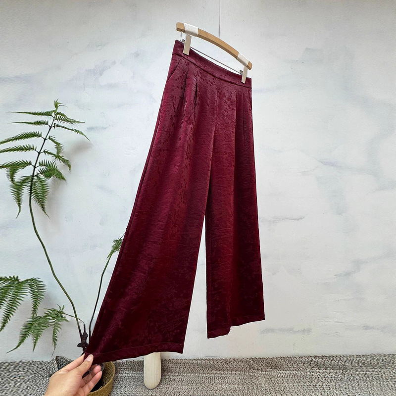 2025 Early Autumn New Chinese Jacquard Pleated Straight Pants with Elastic Waist Pure Color Simple Versatile Casual Pants