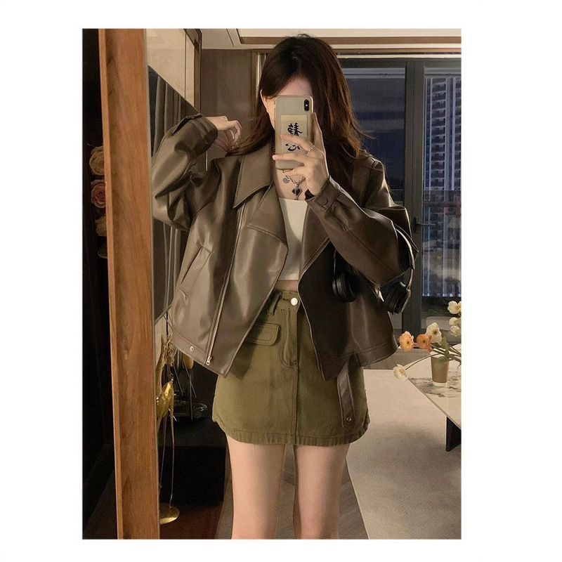 美式复古pu皮衣外套女2025春秋小个子宽松显瘦机车服短款夹克上衣|undefined