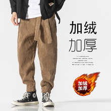 灯芯绒休闲裤子男中国风冬季加绒加厚直筒裤复古日系哈伦束脚长裤