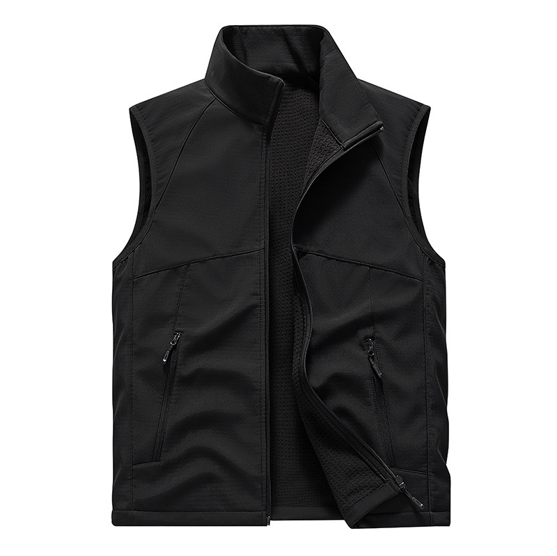 Spring and Autumn New Lightweight Vest for Men, Wear-Resistant and Warm Soft Shell Jacket, Solid Color Stand-Up Collar Outdoor Sports Vest