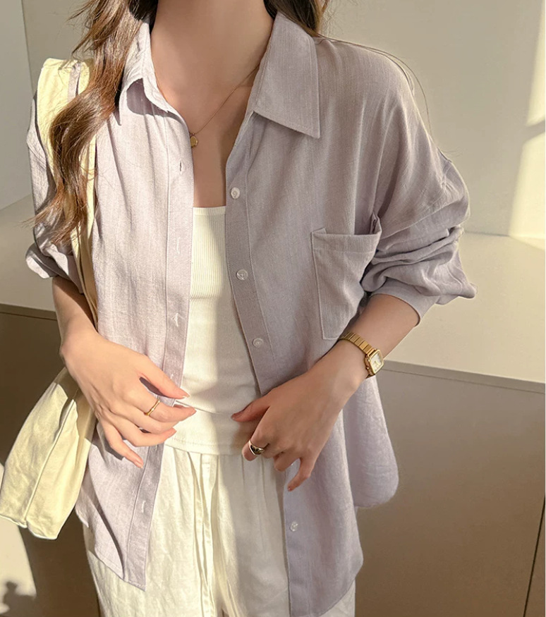 Áo sơ mi nữ linen dài tay mùa hè form rộng chống nắng phong cách lười biếng — Gạo sợi gai, Xanh lá cây nhạtcolor, Khoai tây tím, Bột sương mù ngó sen chi tiết 6
