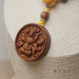 天然老山檀檀香 九尾狐牌吊坠设计款全链项链 s925银配饰天然蜜蜡