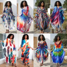 2024新款欧美四面弹印花沙滩罩衫手工编制宽松长袍防晒比基尼罩衫