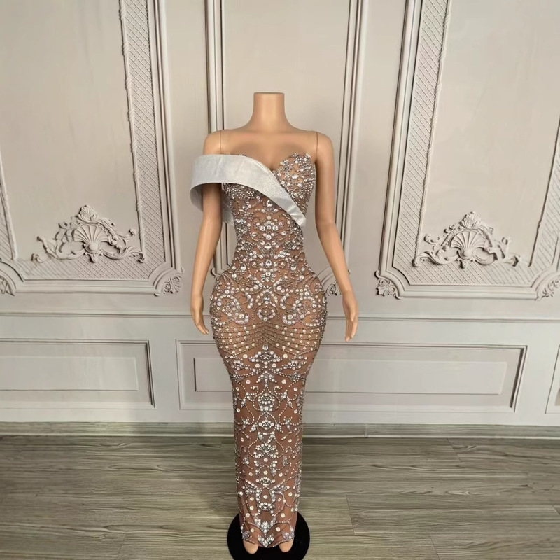 European and American Sexy Strapless Shawl Miss Universe Beauty Dress Wedding Dress Cocktail Party Late Dress