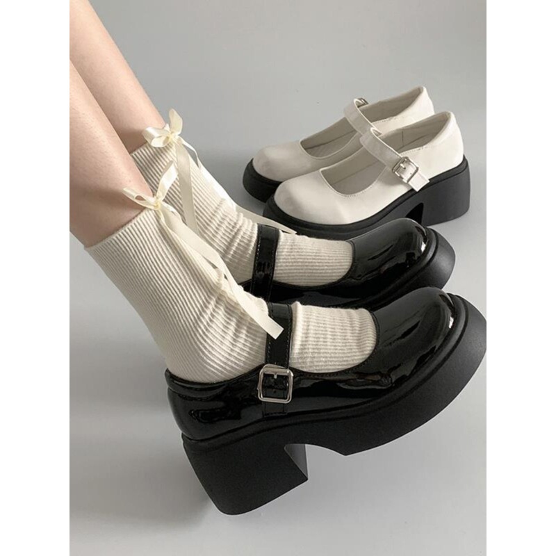 Black Versatile French-Style Thick-Soled High-Heeled Mary Jane Leather Shoes for Women, 2025 New Summer Model, Suitable for Pairing with Dresses, Shallow Mouth Single Shoes