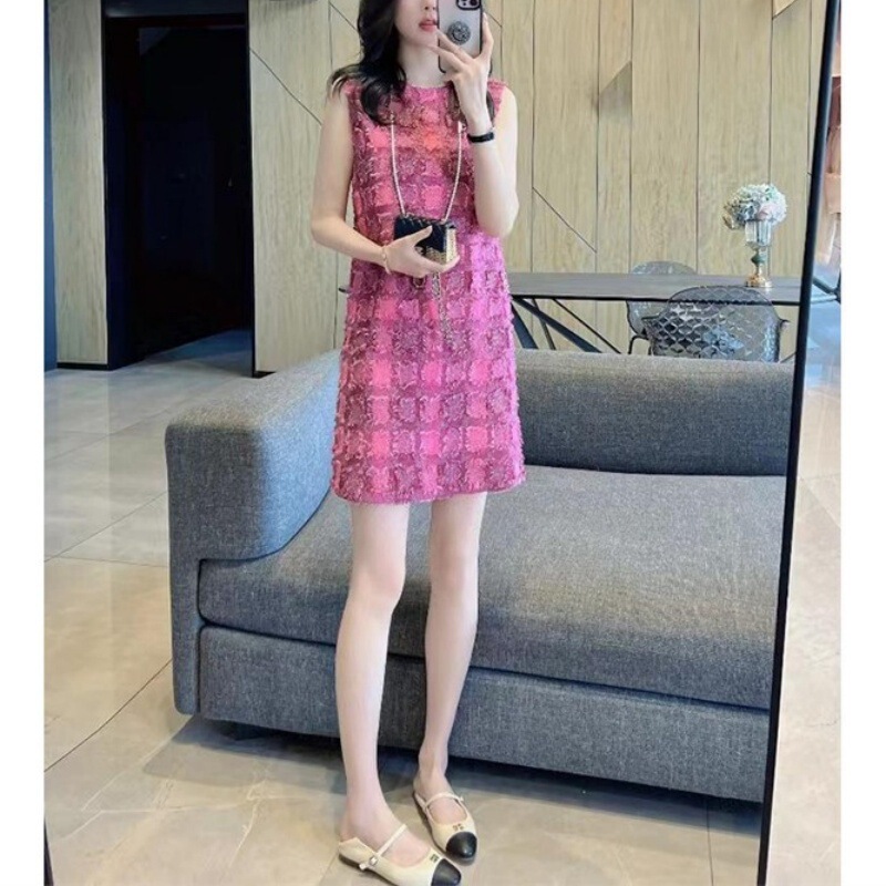 Sweet French Style Chanel Style dress Women's Summer Short Style Small High-end Unique Beautiful Pink Vest Dress