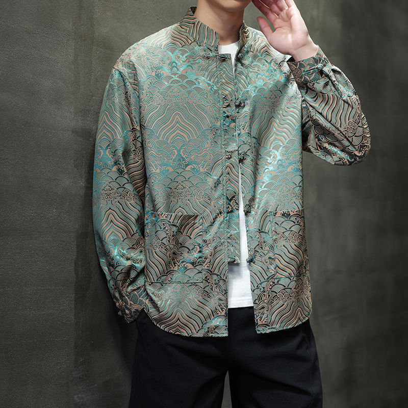 Spring and Autumn New Chinese Style Retro Mandarin Collar Long Sleeve Shirt for Men, Casual Fashion Tang Suit Shirt Jacket Thin