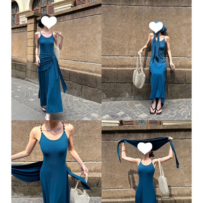 Lu Qingyi 【Midday Dream】 Retro Beaded Dress for Women, Summer Skin-Friendly Soft Knitted A-Line Strap Dress