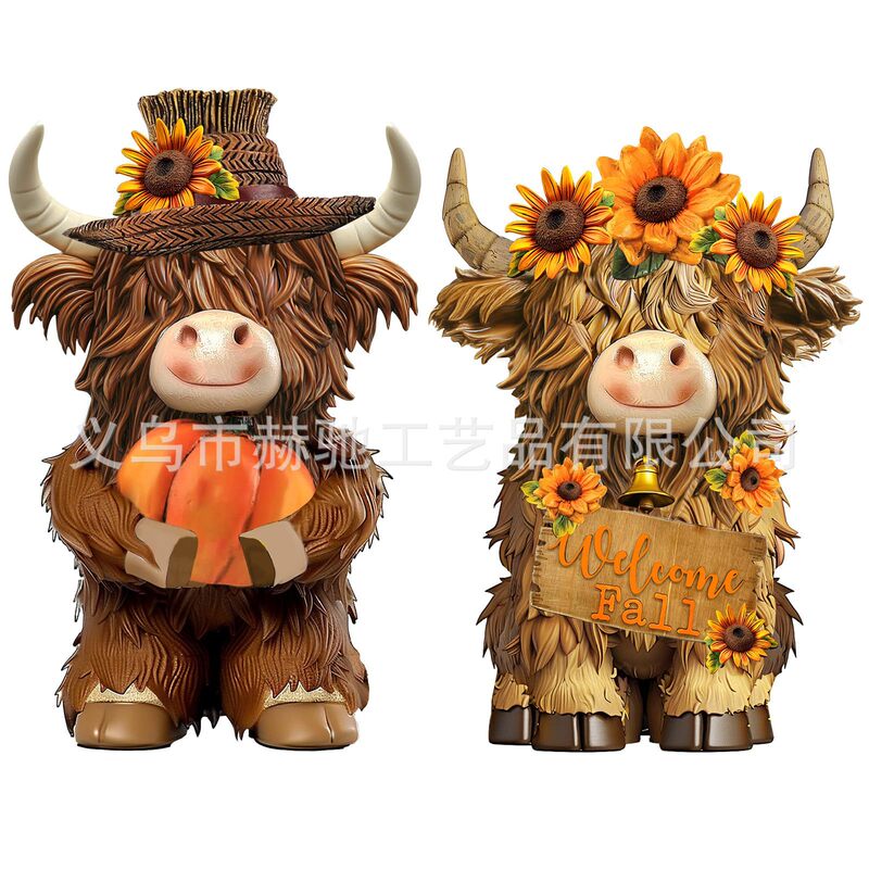 2-Piece Set of Autumn Thanksgiving Decorations: Highland Cow Wooden Figurines, Autumn Pumpkin Flowers, Highland Cow Ornaments 2-Piece Set of Autumn Thanksgiving Decorations: Highland Cow Wooden Figurines, Autumn Pumpkin Flowers, Highland Cow Ornaments